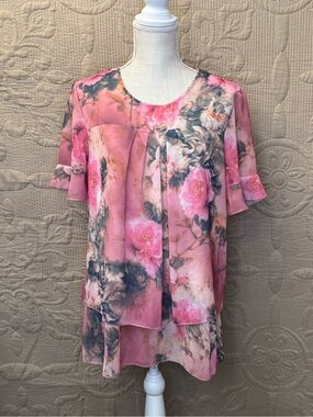 Freestyle Pink Floral Tiered Chiffon Blouse
